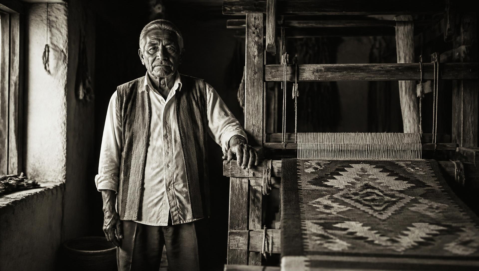 Maestro Isaac Vásquez García at work in his Teotitlán del Valle weaving studio