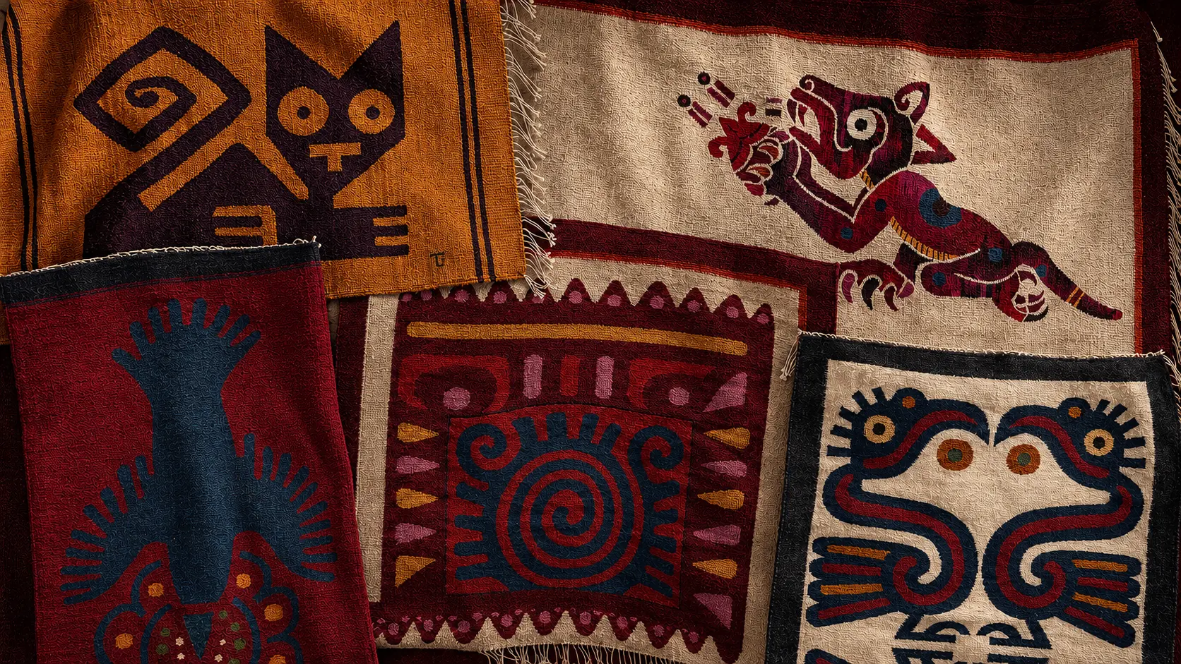 Handwoven Zapotec rugs with jaguar, coyote and bird motifs