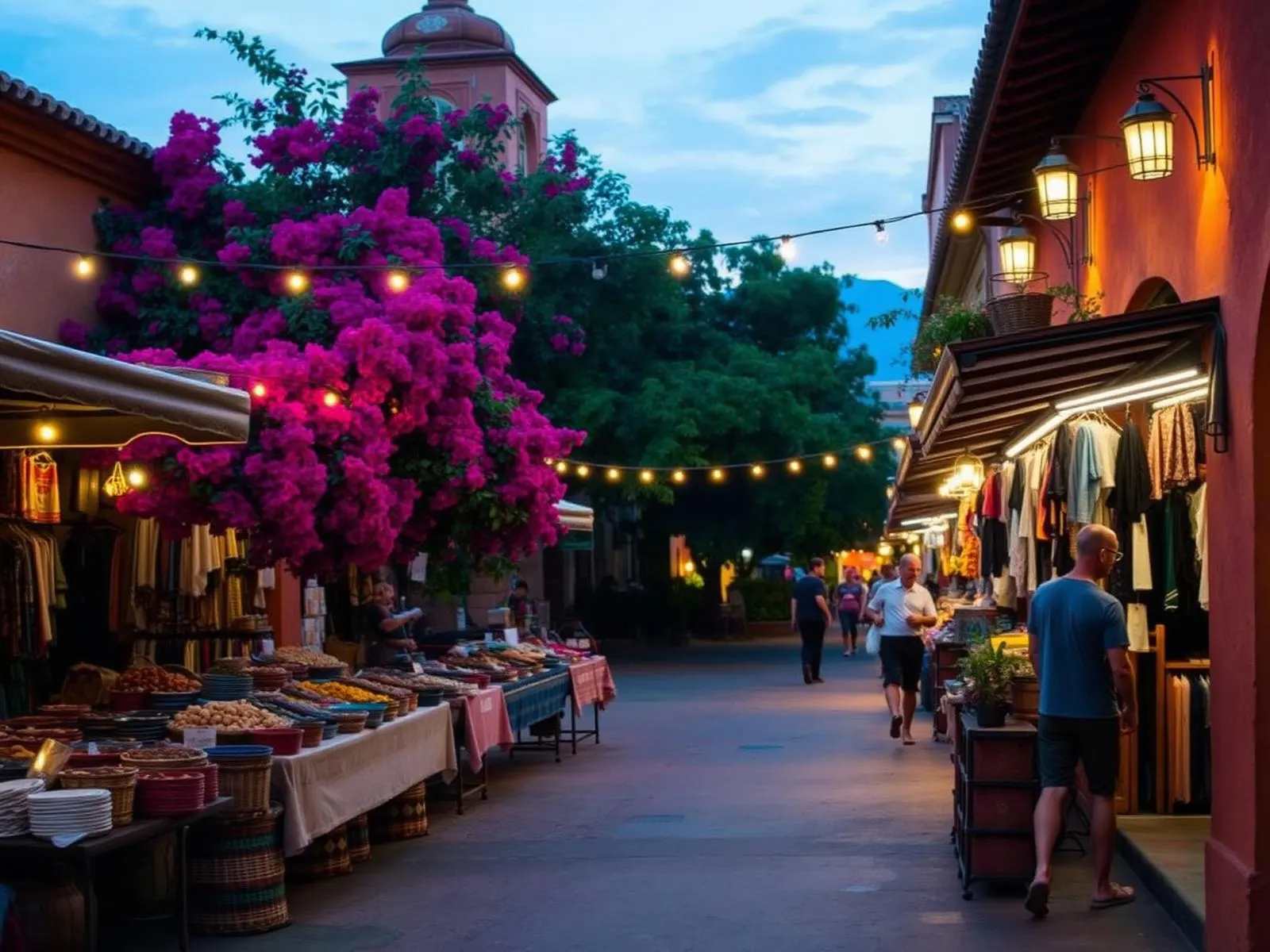 Oaxaca market street at dusk with bougainvillea and lanterns